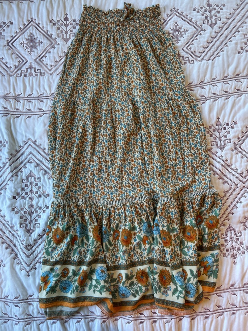Smocked Floral Maxi Skirt in Teal and Mustard